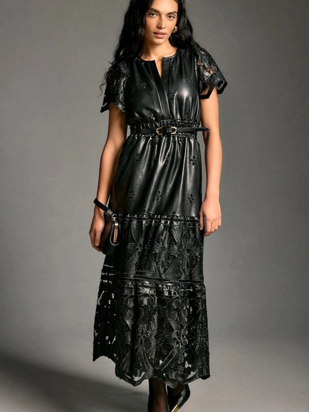ANTHROPOLOGIE • The Somerset Maxi Dress: Faux Leather Embroidered small petite